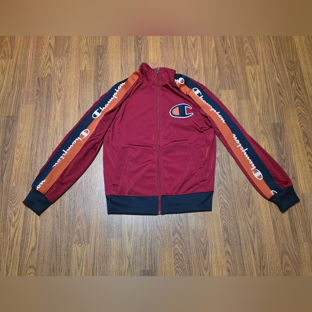 Champion Life Big C Logo Taped Track Jacket Burgandy Stripe Mens Small Full Zip